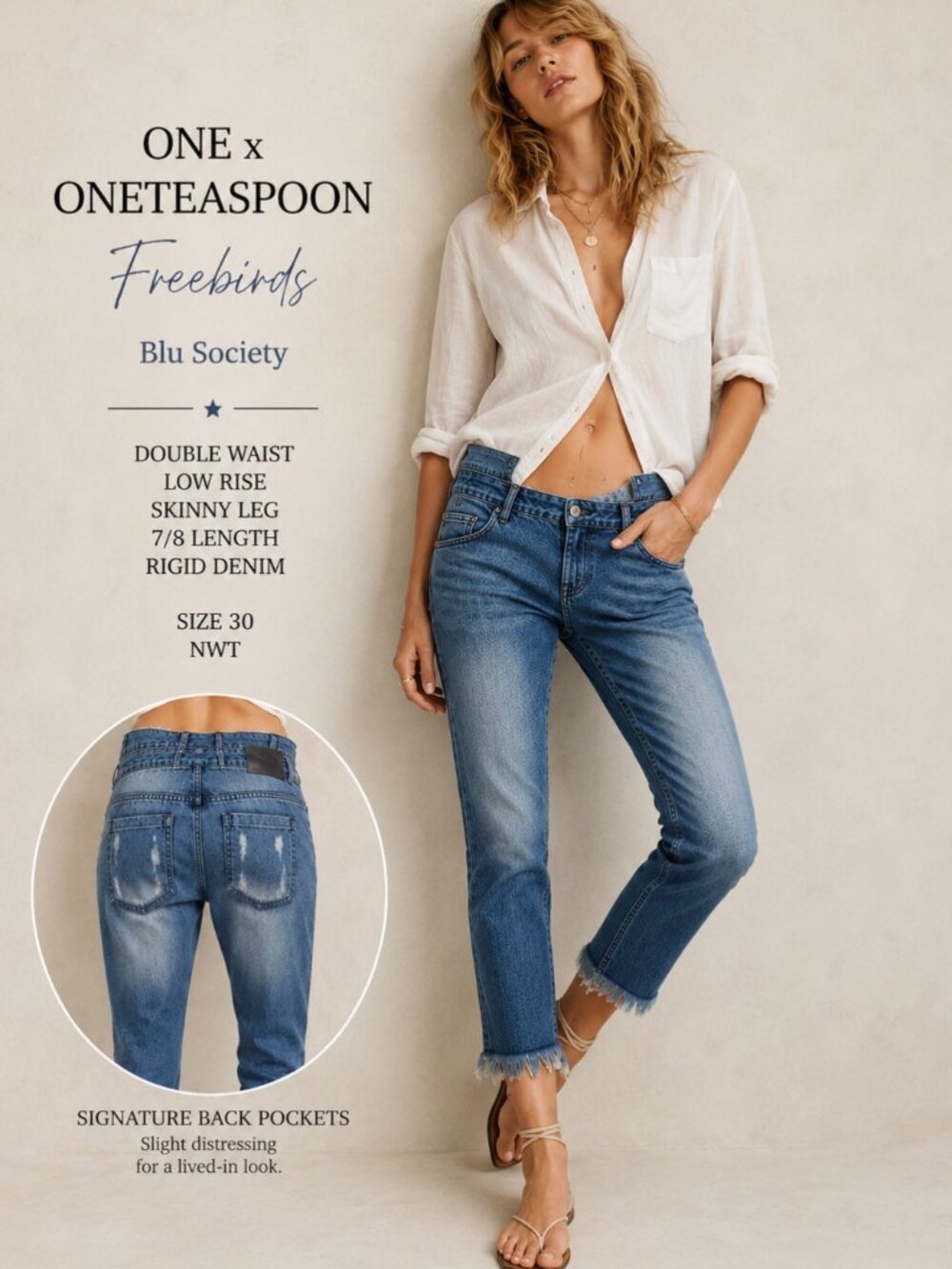 ONE x ONETEASPOON Freebirds Double Waist Jeans Blu Society NWT 30